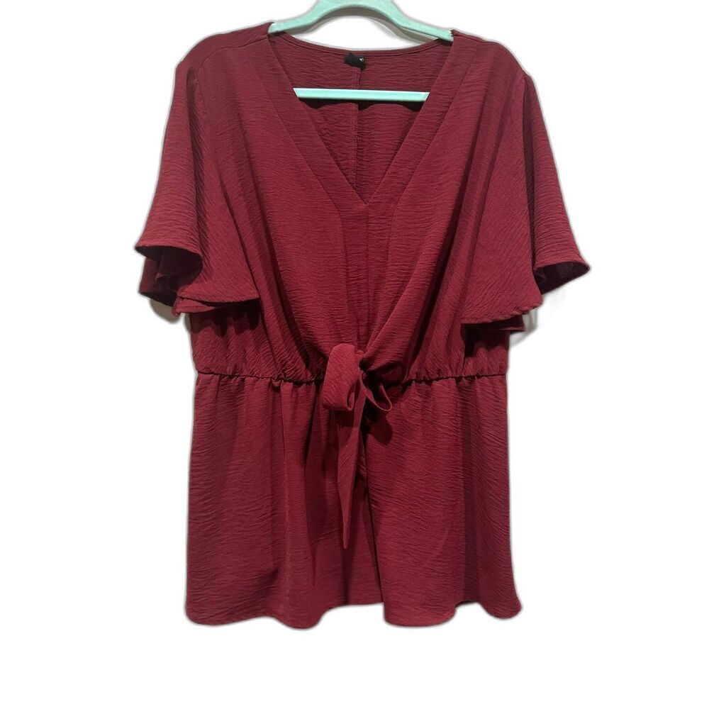 Scomchic Blouse Red Career Top Short Sleeves Tie Front Slimming Women sz 3XL